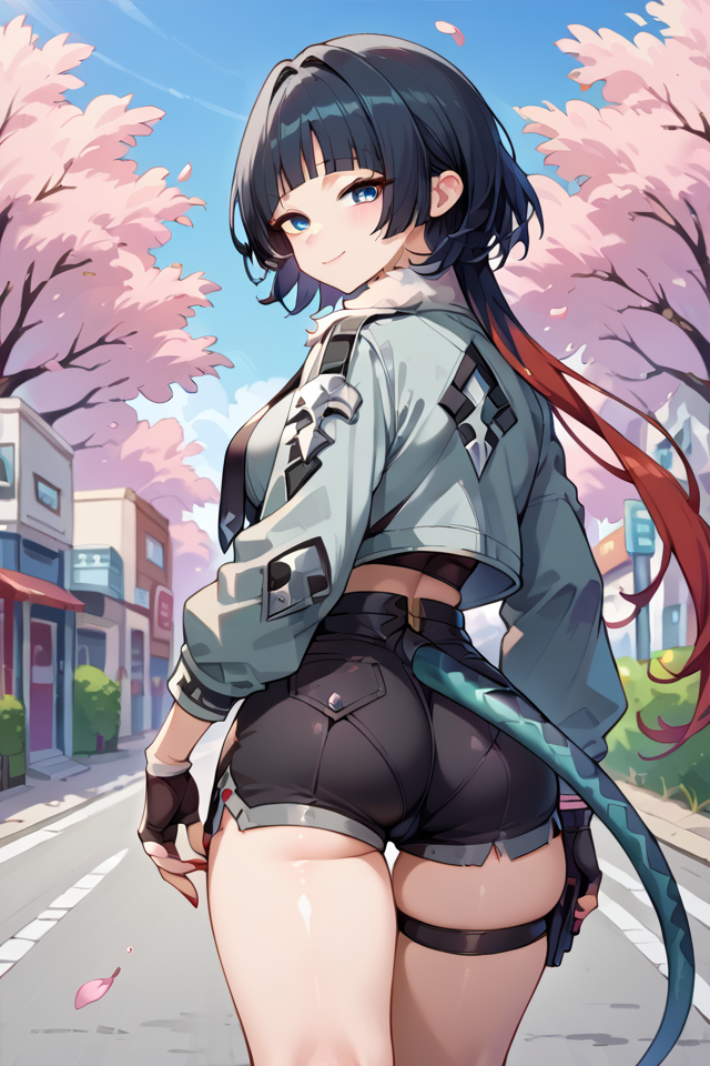 score_9, score_8_up, score_7_up, source_anime, 1girl, solo, outdoors, street, cherry blossoms, cowboy shot, standing, looking at viewer, shiny skin, jane doe (zenless zone zero), zenless zone zero, blue eyes, black hair, blunt bangs, red hair, long hair, tail, grey jacket, fur-trimmed jacket, (black shorts:1.3), high-waist shorts, single pantyhose, single thighhigh, torn pantyhose, torn thighhigh, single thigh strap, grey boots, knee boots, fingerless gloves, red nail, necktie, cropped jacket, black crop top, closed mouth, from behind, sexy, erotic, seductive smile, big breasts, <lora:Jane Doe ZzzPonyXL-10:0.7>