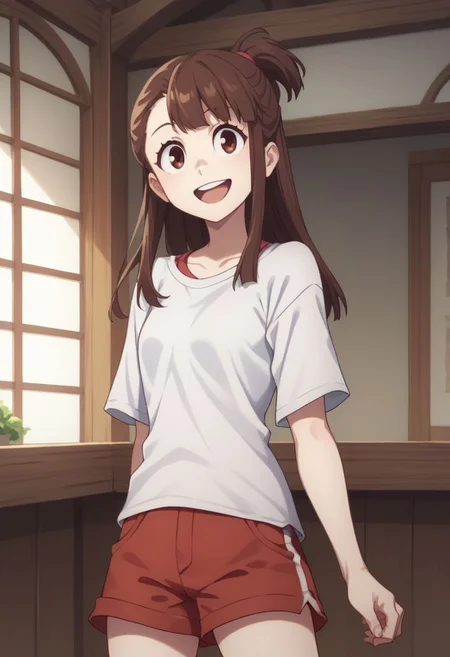 score_9, score_8_up, source_anime, highly detailed, 
akko, 1girl, brown hair, shorts, red shorts, long hair, shirt, indoors, red shorts, smile, open mouth, white shirt, solo, brown eyes,
