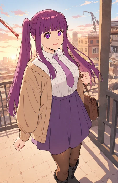 perfect quality,high quality,masterpiece,best quality,amazing quality,very aesthetic,absurdres,Cinematic Lighting,newest,Tactical use of shadow,
FERNCYQL,1girl,solo,purple hair,blunt bangs,straight hair,sidelocks,purple eyes,long hair,
animalears,scenery,pantyhose,outdoors,rabbitears,standing,blackfootwear,railing,blackpantyhose,jacket,boots,longsleeves,standingononeleg,lookingatviewer,sky,offshoulder,verybuilding,shoes,openclothes,cityscape,closedmouth,ankleboots,city,againstrailing,coat,legup,cloud,day,shirt,openjacket,stairs,brownjacket,skirt,crane(machine),ownhandstogether,lookingtotheside,industrialpipe,airconditioner,sign,rabbitgirl,wideshot,sidelocks,yellowjacket,ribbon,bluntbangs,blurry,sweater,dress,twintails,bag,cloudysky,bow,partedlips,necktie,smile,sunlight,sleevespastwrists,browncoat,bridge,gloves,sunset,depthoffield,fakeanimalears,whiteshirt,
<lora:ponyv4_noob1_2_adamW:0.7>,<lora:semham4:0.8>,<lora:FERN_Illustrious by Cyql:1>,