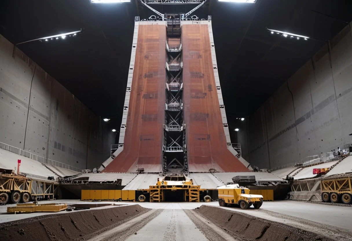 a large metal structure sitting in a construction area, a soldier is standing in front of a tank, a tower with a radio tower on top of it, monitor, hallway, Industrial_Futurism,
