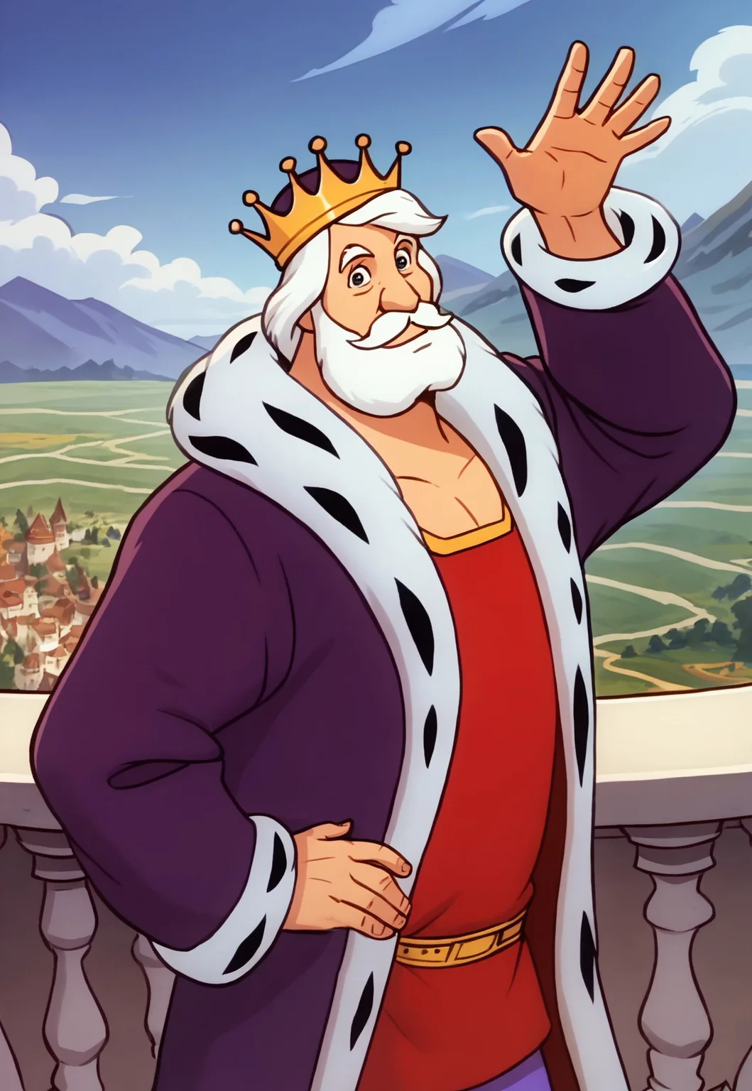 score_9, score_8_up, KingGregor, medium hair, white hair, black eyes, beard, mustache, mature male, muscular, fat, crown, dark-purple robe, fur trim, red tunic, gold belt, violet leggings, waving, looking at viewer, smile, dynamic pose, detailed background, dutch angle, upper body, cowboy shot, balcony, blue sky, fantasy kingdom, mountain range, clouds, one hand on hip,