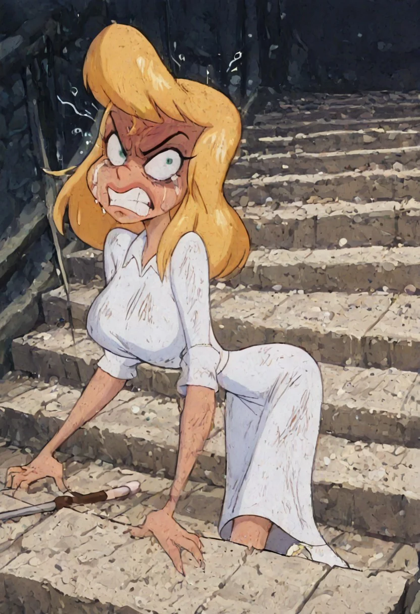She crawls on all fours across the golf course, groveling and smiling crookedly. She's been beaten with golf clubs all day. Her hair is hanging in wisps. Her face is bruised and bruised. Teeth knocked out. Her face and clothes are covered in spit and boot marks.(((Her dress is dirty))). (((((Her face is beaten after lots of fights and fallings from stairs))))). (((((She is angry and exhausted))))). Everything is she wants is revenge. Everyone hates her. She is poor and sick. (((amazing quality))), absurdres,,((((1girl)))),(((alone)))), (((hellonurse))),,(((angry))), (((exhausted:1.5)))),((((((masterpiece))))),,((((extremely beautiful image)))),(((beautiful light))),((((best detailing)))),(((disgusting))),(((offended))),((((extremely heartbroken)))), blonde hair, teal eyes, (((1girl))), alone, big breasts,((((slim body)))))nurse outfit, Heloise Nerz, hellonurse, dirty, detailed body, detailed face, highly detailed body, highly detailed face, dynamic pose, posing, ((((((angsty))))), (((((furious)))))), (((((submissive)))))), 1girl, , , crazy emotion, narrow waist.