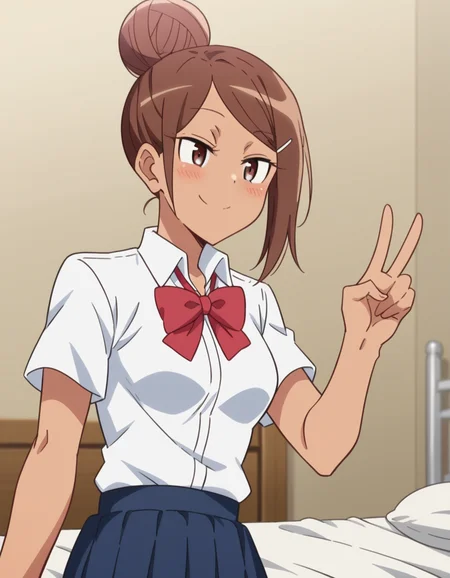 score_9, score_8_up, score_7_up, source_anime, <lora:ayaka-uehara-s1-ponyxl-lora-nochekaiser:1>, ayaka uehara, brown hair, hair ornament, brown eyes, hairclip, dark skin, hair bun, dark-skinned female, single hair bun, medium breasts,, skirt, shirt, bow, school uniform, white shirt, short sleeves, collared shirt, bowtie, red bow, red bowtie,, indoors, bed, bed room, on side, blush, drunk,, smile, , v, v over eyes,, solo,, cowboy shot, dutch angle,