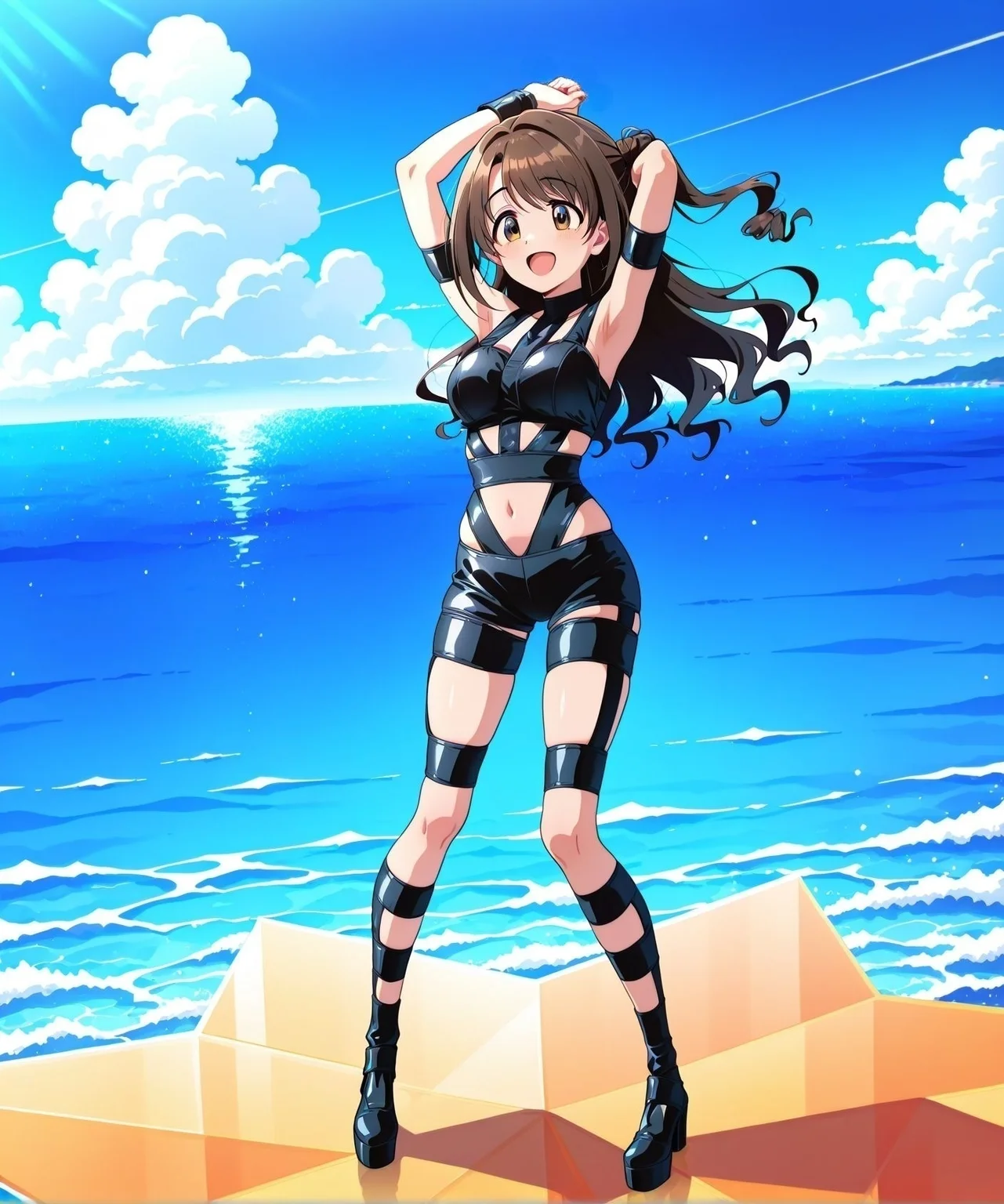 <lora:add-detail-xl:0.5>,,masterpiece,best quality,anime coloring,anime screenshot,
<lora:Strappy_bodysuit:1>Strappy_bodysuit.
Star-shaped stage,Star base,standing,sea,
1girl, wearing strappy bondage outfit, black harness costume,
exposed skin, performance stagewear,
Bondage-style costume,
milf,20YO, outdoors,
shimamura uzuki,