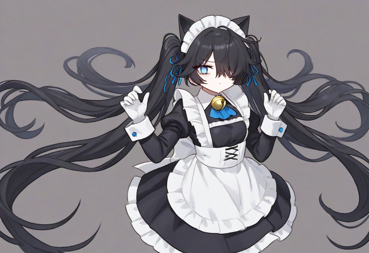 (Maid-kasli), solo, white gloves, dress, hair over one eye, maid apron, blue eyes, twintails, cat ears, maid headdress, maid, gloves, 1girl, apron, juliet sleeves, long sleeves, long hair, black hair, animal ears, bell,(Fall down),