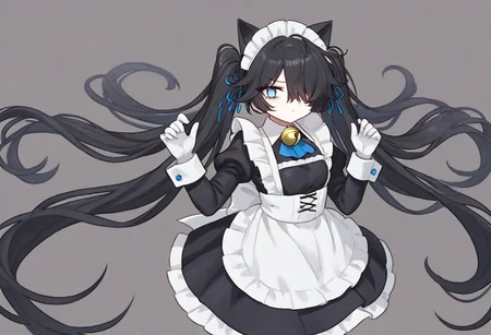 (Maid-kasli), solo, white gloves, dress, hair over one eye, maid apron, blue eyes, twintails, cat ears, maid headdress, maid, gloves, 1girl, apron, juliet sleeves, long sleeves, long hair, black hair, animal ears, bell,(Fall down),