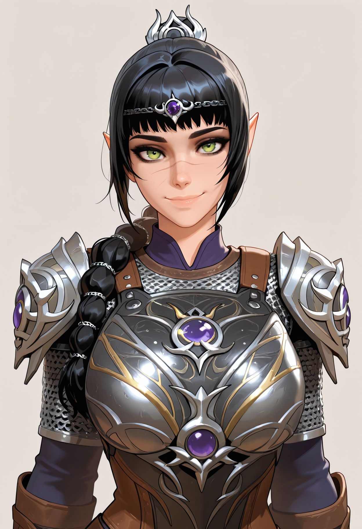 masterpiece,best quality,amazing quality, absurdres, <lora:shadowheart_bg3_ilxl_goofy:1> shadowheart \(baldur's gate\), 1girl, black hair, braid, breasts, elf, green eyes, large breasts, long hair, looking at viewer, multi-tied hair, pointy ears,scar on face,  simple background, smile, solo, body armor, shoulder pads, ,breastplate, chainmail,