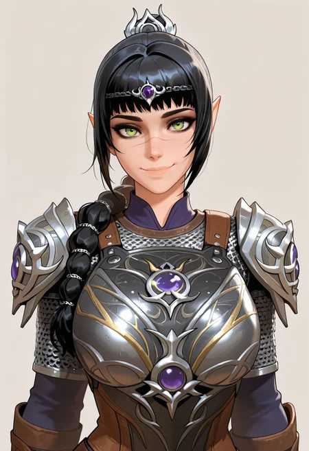 masterpiece,best quality,amazing quality, absurdres, <lora:shadowheart_bg3_ilxl_goofy:1> shadowheart \(baldur's gate\), 1girl, black hair, braid, breasts, elf, green eyes, large breasts, long hair, looking at viewer, multi-tied hair, pointy ears,scar on face, simple background, smile, solo, body armor, shoulder pads, ,breastplate, chainmail,