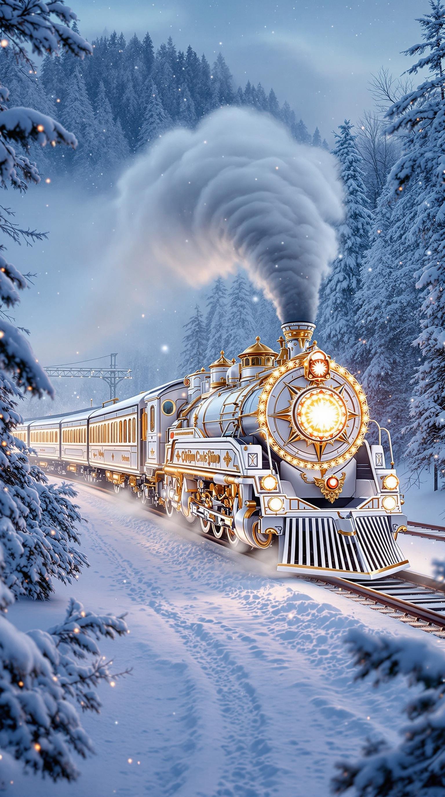 white luxury locomotive Cho Cho like transsiberian tsarist train with white wedding transsiberian train going on the winter landscape with snow. Christmas decorations. Photorealism, real life.