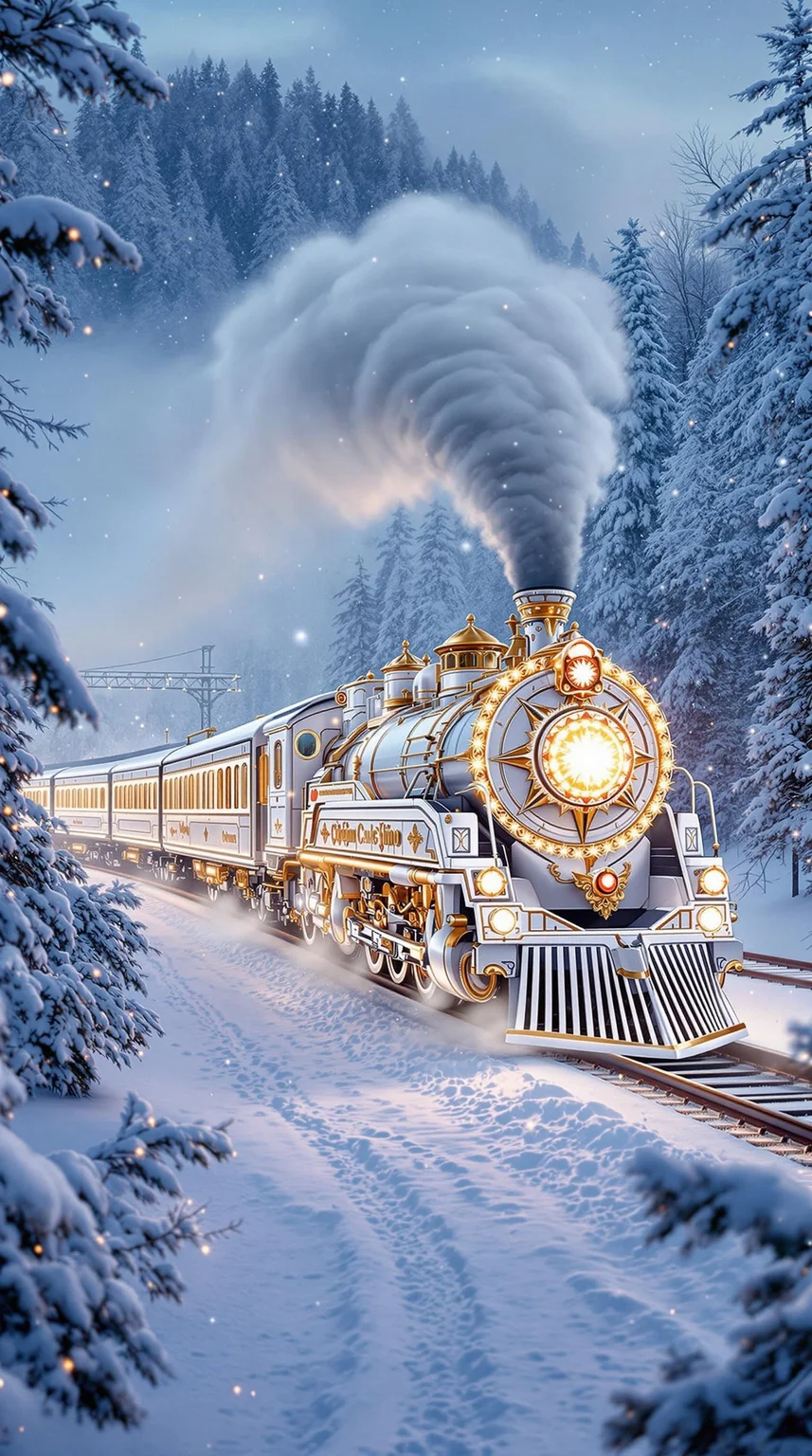 white luxury locomotive Cho Cho like transsiberian tsarist train with white wedding transsiberian train going on the winter landscape with snow. Christmas decorations. Photorealism, real life.