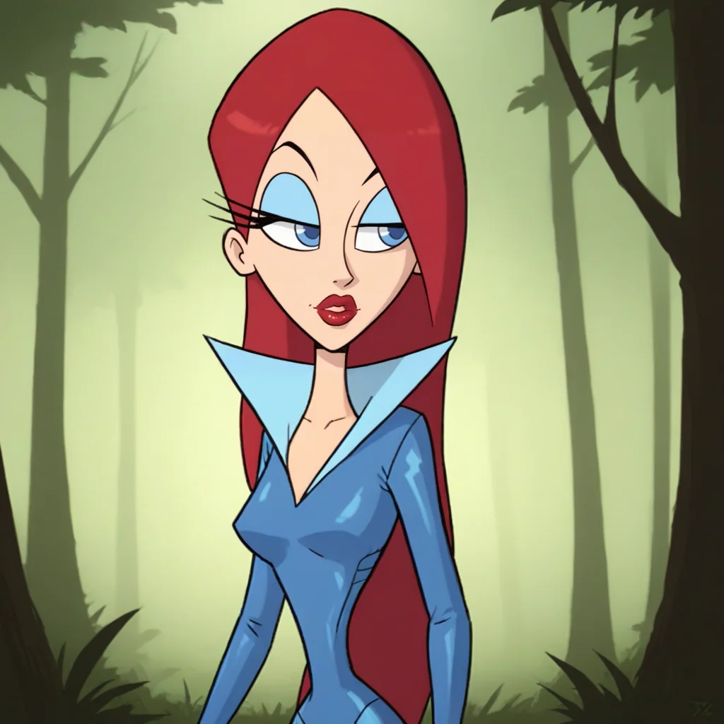 score_9_up, score_8_up, BREAK, MissXZ, 1girl, solo, red hair, long hair, blue eyes, red lips, bodysuit, upper body, <lora:MissXandMissZ_PXL_Leaf2:1>, forest, arms at sides,