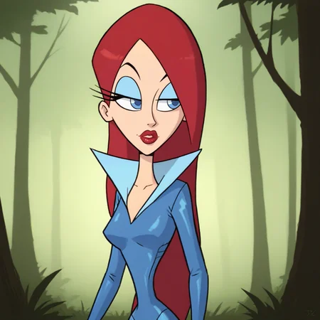 score_9_up, score_8_up, BREAK, MissXZ, 1girl, solo, red hair, long hair, blue eyes, red lips, bodysuit, upper body, <lora:MissXandMissZ_PXL_Leaf2:1>, forest, arms at sides,