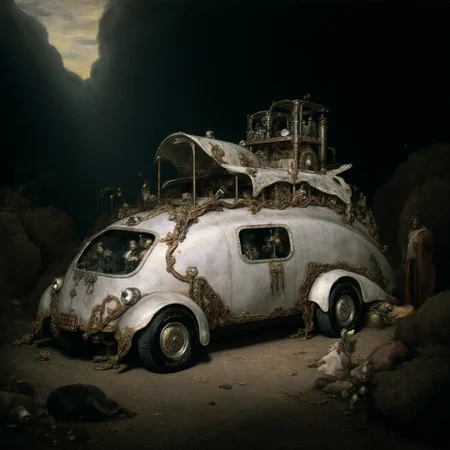 black-toned Renaissance photo of an abyssal steampunk overgrown rusting futuristic car in a dark pristine hell, intricate white and silver and bronze recursion, eldritch, dreamlike, billowing bright glitter, very detailed <lora:Former_Splendor:1> <lora:Hand v2:1>