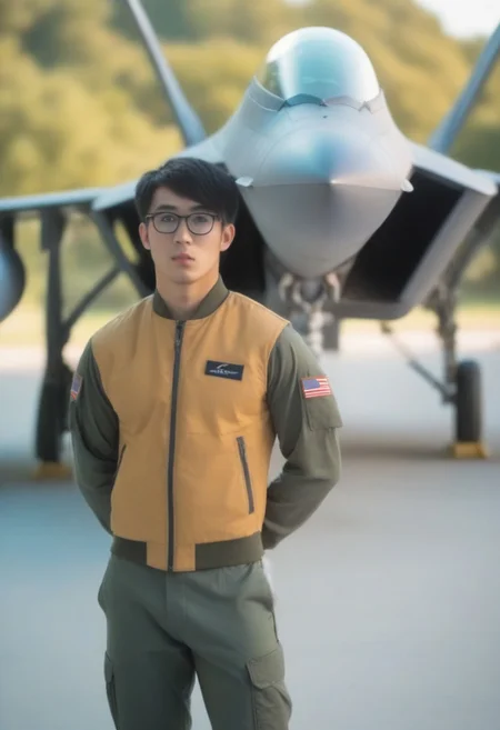 <lora:bokman:1> A photo-realistic shoot from a side camera angle about a muscular man bokman. the image also shows a 21 years old Asian male model with symmetrical body features, wearing (glasses:1.5) (Air force pilot suit:1.5). the man, who appears to be in his early-twenties, has a muscular build and a neutral expression, aesthetic physique, a-line abs, wide trapezoidal torso. full body, outdoor, in an airport, Lockheed Martin F-22 Raptor a fighter jet parked on runway, the lighting is bright and natural, highlighting the man's toned physique.