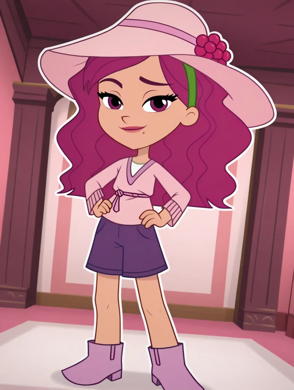 Raspberry_Tart, 1girl, solo, long hair, wavy hair, magenta hair, green headband, raspberry ornament, magenta eyes, light tan skin, mole, summer camp outfit, pink floppy hat, long-sleeved shirt, purple shorts, light purple leather boots, (smile, dutch angle, Hands on hips,naughty pose, looking at viewer, indoors, elegant room, solo, dynamic pose, full_body, head tilt,),((white background, White frame, white outline))