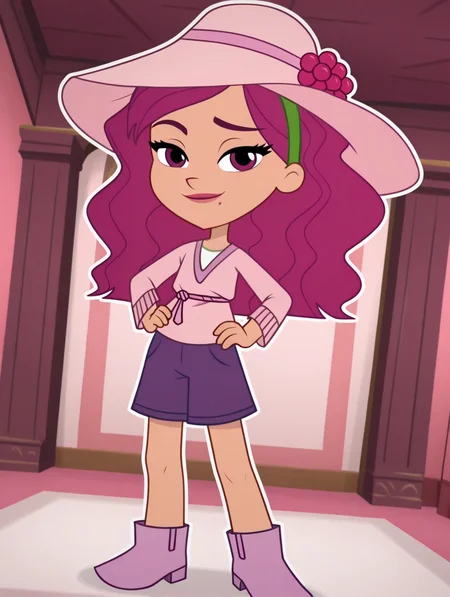 Raspberry_Tart, 1girl, solo, long hair, wavy hair, magenta hair, green headband, raspberry ornament, magenta eyes, light tan skin, mole, summer camp outfit, pink floppy hat, long-sleeved shirt, purple shorts, light purple leather boots, (smile, dutch angle, Hands on hips,naughty pose, looking at viewer, indoors, elegant room, solo, dynamic pose, full_body, head tilt,),((white background, White frame, white outline))