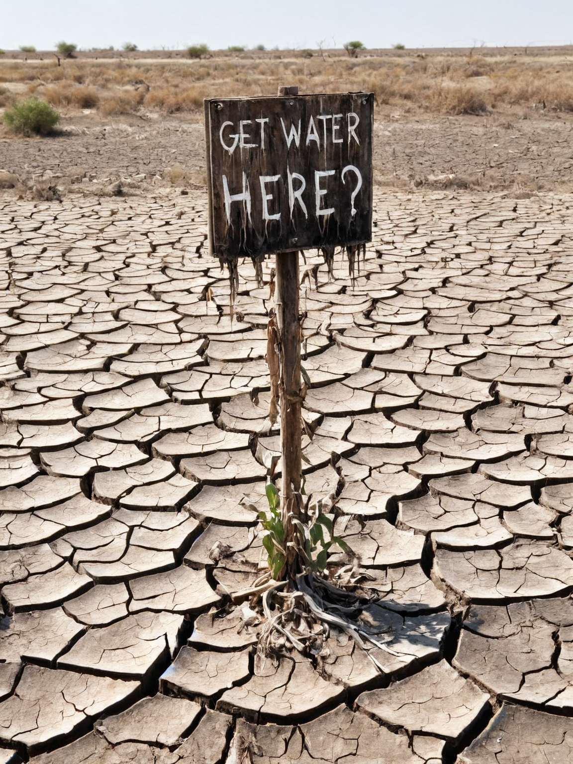 A weathered sign declaring "GET WATER HERE" standing amongst withered, dying ais-prchd  crops <lora:ais-prchd-sdxl:1>