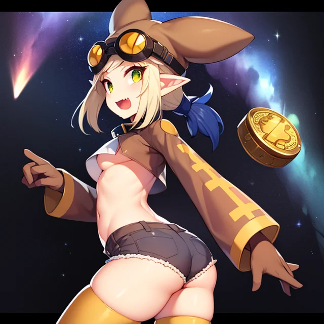Thief,black hair,pointy ears,navel ,,ponytail,underboob,slit pupils,green eyes,fang , butt, rear shot, back view,
,
ThiVS,animal hat,striped thighhighs,goggles on head,crop top,brown shorts ,blue gloves,paw shoes,long sleeves ,(blue attire),
outer space, gold treasure chests, stars, milky way, gold coins,
(insanely detailed, beautiful detailed face, masterpiece, best quality) <lora:Thief:0.7>