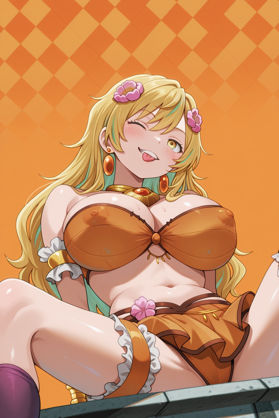 gore, long_hair, blonde_hair, streaked_hair, hair_flower, earrings, yellow_eyes, necklace, blush, bracelet, large_breasts, armlet, orange_bandeau, orange_skirt, flower,  single_thighhigh, purple_thighhighs, bridal_garter