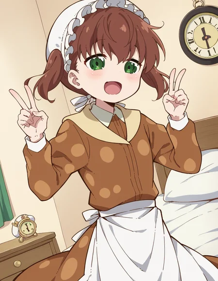 score_9, score_8_up, score_7_up, source_anime, <lora:nae-saikawa-s2-ponyxl-lora-nochekaiser:1>, nae saikawa, bangs, brown hair, hair between eyes, twintails, green eyes,, skirt, shirt, long sleeves, hat, collared shirt, apron, white headwear, polka dot, waist apron, white apron, frilled apron, brown shirt,, bedroom, alarm clock, morning routine, yawning, stretching, on bed,, smile, , v, v over eyes,, solo,, dutch angle,