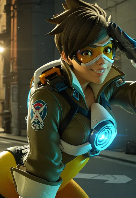 0v3rw4tch, 3d, lips, nose, 1girl, tracer \(overwatch\), orange eyes, brown hair, spiked hair,
orange goggles, bomber jacket, orange bodysuit, chest harness,
salute, grin, looking at viewer, from side, leaning forward,
street, lens flare, light particles, light rays, bloom, depth of field,
very awa, masterpiece, best quality, year 2024, newest, absurdres, highres <lora:sdxl_lightning_8step_lora:1> <lora:Overwatch_Style:1>