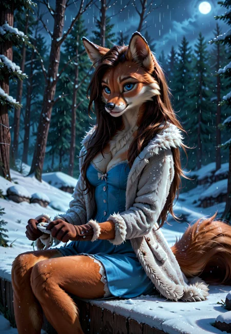score_10_up, score_9_up, score_8_up, score_7_up, score_6_up, photorealistic, epiCPhotoGasm-colorfulPhoto, Realistic, highres, super high resolution, 8k, realistic fur, fluffy, furry, anthro, Alice, Alice (tiny bunny), she-fox, fox, sitting, clutching her legs, trying to warm up, frightened eyes, long hair, fur jacket, fur pants, blizzard, snow, night, storm, blizzard, dark forest, very detailed, detailed fur, fluffy, very realistic, realistic, detailed background 