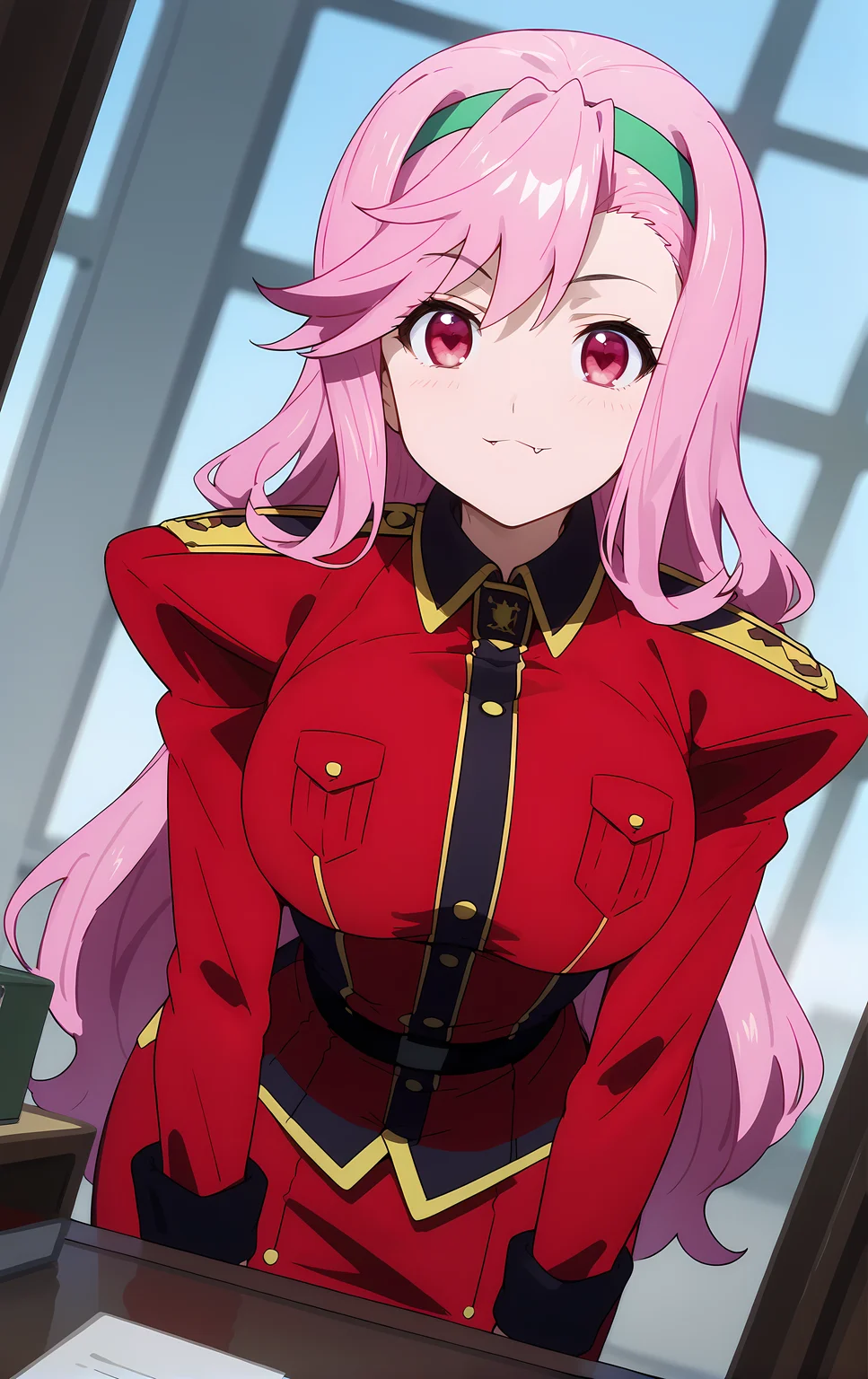 (score_9, score_8_up, score_7_up), standing, leaning forward, looking at viewer, light smile, closed mouth, shiny skin, tight clothes,
ohwx, 1girl, solo, pink_hair, long_hair, hairband, pink_eyes, red eyes, heart, fang, fang_out, breasts, large_breasts,
uniform, military_uniform, military, skirt,
office,
cowboy shot, dutch angle, close-up,
<lora:shiria_ootsuka_pony_ss:1>