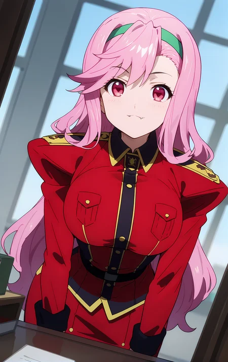(score_9, score_8_up, score_7_up), standing, leaning forward, looking at viewer, light smile, closed mouth, shiny skin, tight clothes,
ohwx, 1girl, solo, pink_hair, long_hair, hairband, pink_eyes, red eyes, heart, fang, fang_out, breasts, large_breasts,
uniform, military_uniform, military, skirt,
office,
cowboy shot, dutch angle, close-up,
<lora:shiria_ootsuka_pony_ss:1>