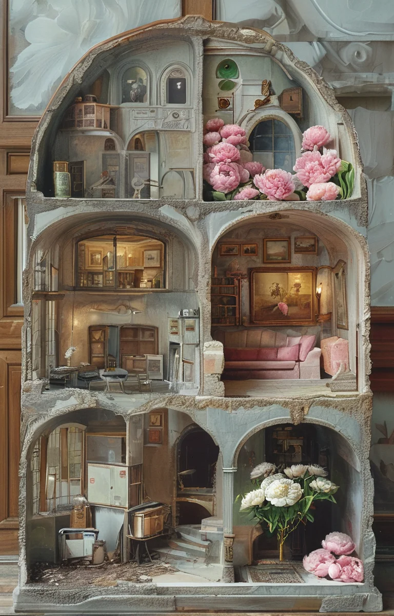 masterpiece,best quality,<lora:tbh242-sdxl:0.9>,illustration,style of Cutaway view decaying peonies