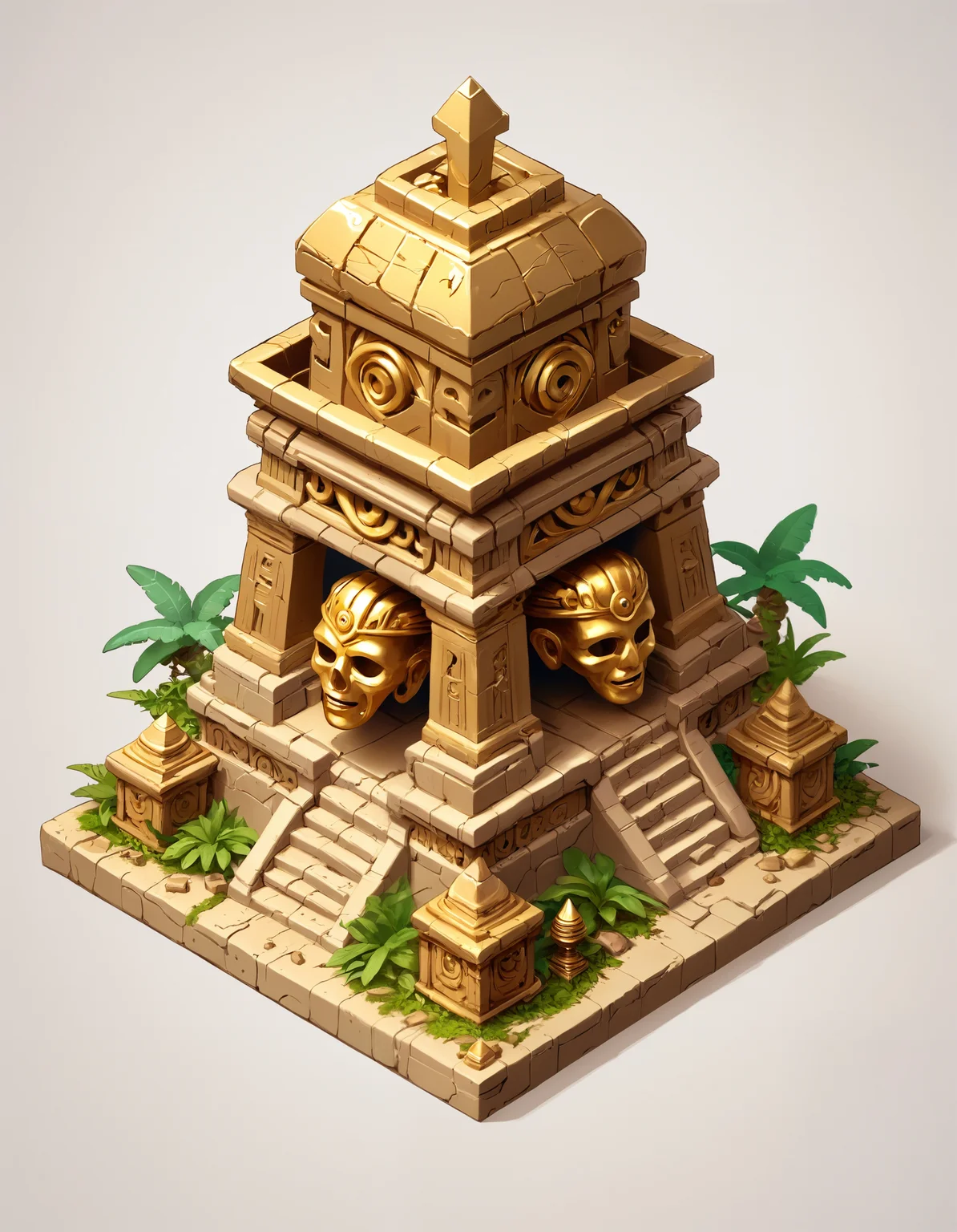 indiana jones temple graverobbing golden mask treasure, isometric, zavy-ctsmtrc, art,
