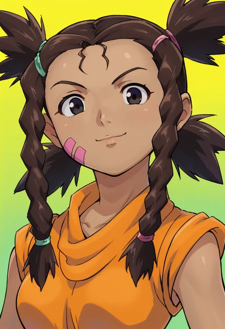 score_9,score_8_up,score_7_up,score_6_up,score_5_up,score_4_up,anime coloring BREAK source_anime,anime,<lora:Moonbay_Zoids_Pony:0.8>,moonbay,1girl,solo,black eyes,dark skin,facial mark,brown hair,twin braids,quad tails,two-tone hair tie,orange shirt,sleeveless,smirk,multicolored background,portrait,upper body,looking at viewer,