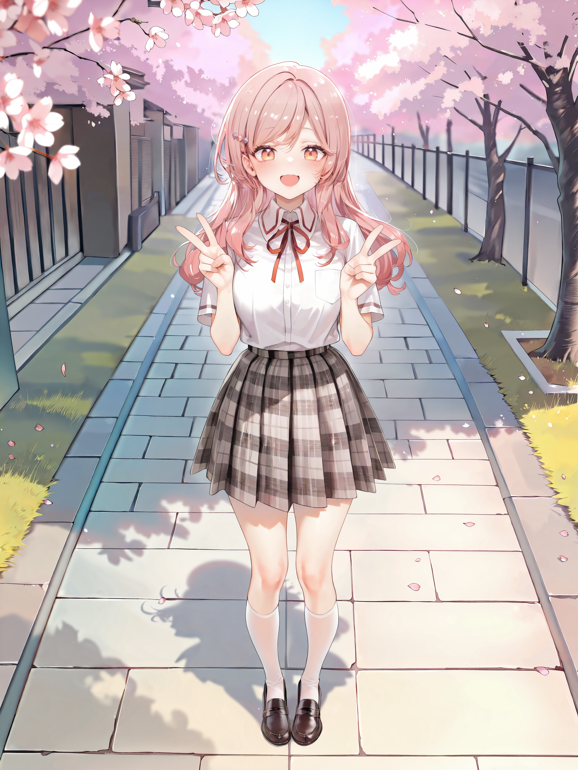 1girl, sena ajisai, hairclip, solo, school uniform, pleated skirt, plaid skirt, white collared shirt, neck ribbon, loafers, white kneehighs, double v, looking at viewer, smile, open mouth, standing, full body, outdoors, street, cherry blossoms, petals, depth of field , <lora:Char-Sena_Ajisai-V1-IL:0.9>
masterpiece, best quality, amazing quality, very aesthetic, absurdres, perfect features, intricate details, <lora:XL-detailed_notrigger:1:hr=0.5>,(artist:zuizi:1.10), artist:taitai, artist:chen bin, (tianliang duohe fangdongye:0.91)