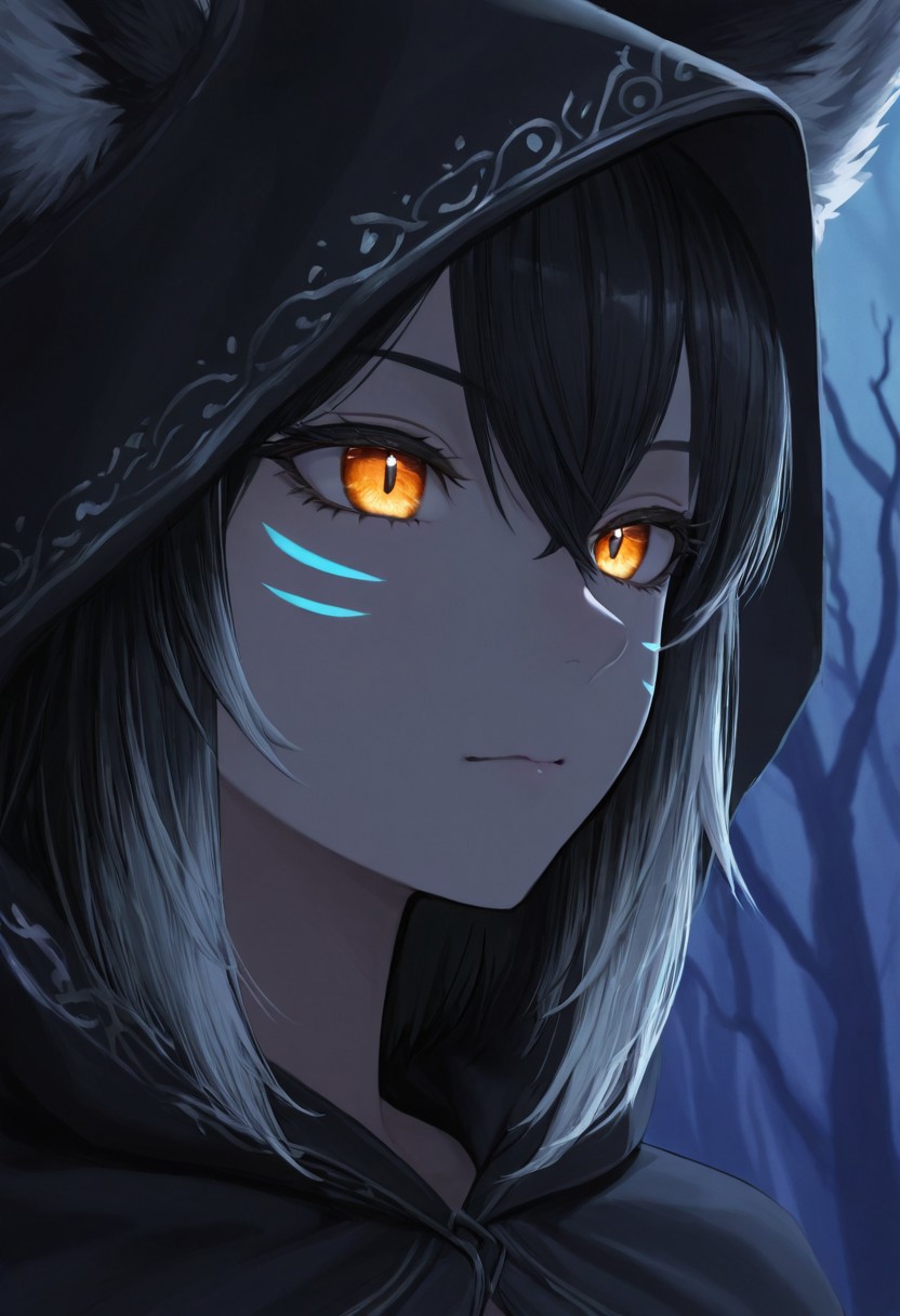 A cute fox girl standing in a shadowy forest at night, Close-up portrait of a cute fox girl at night, focusing on her face and upper torso, fox ears with soft fur, glowing amber eyes and delicate bioluminescent cheek markings, wearing a sleek black hooded cloak edged with silver filigree, moonlight catching the fine hairs and embroidery, soft shadows and highlights accentuating her playful yet mysterious expression, high-detail digital painting, 8K, cinematic lighting, sharp focus on eyes and fur texture