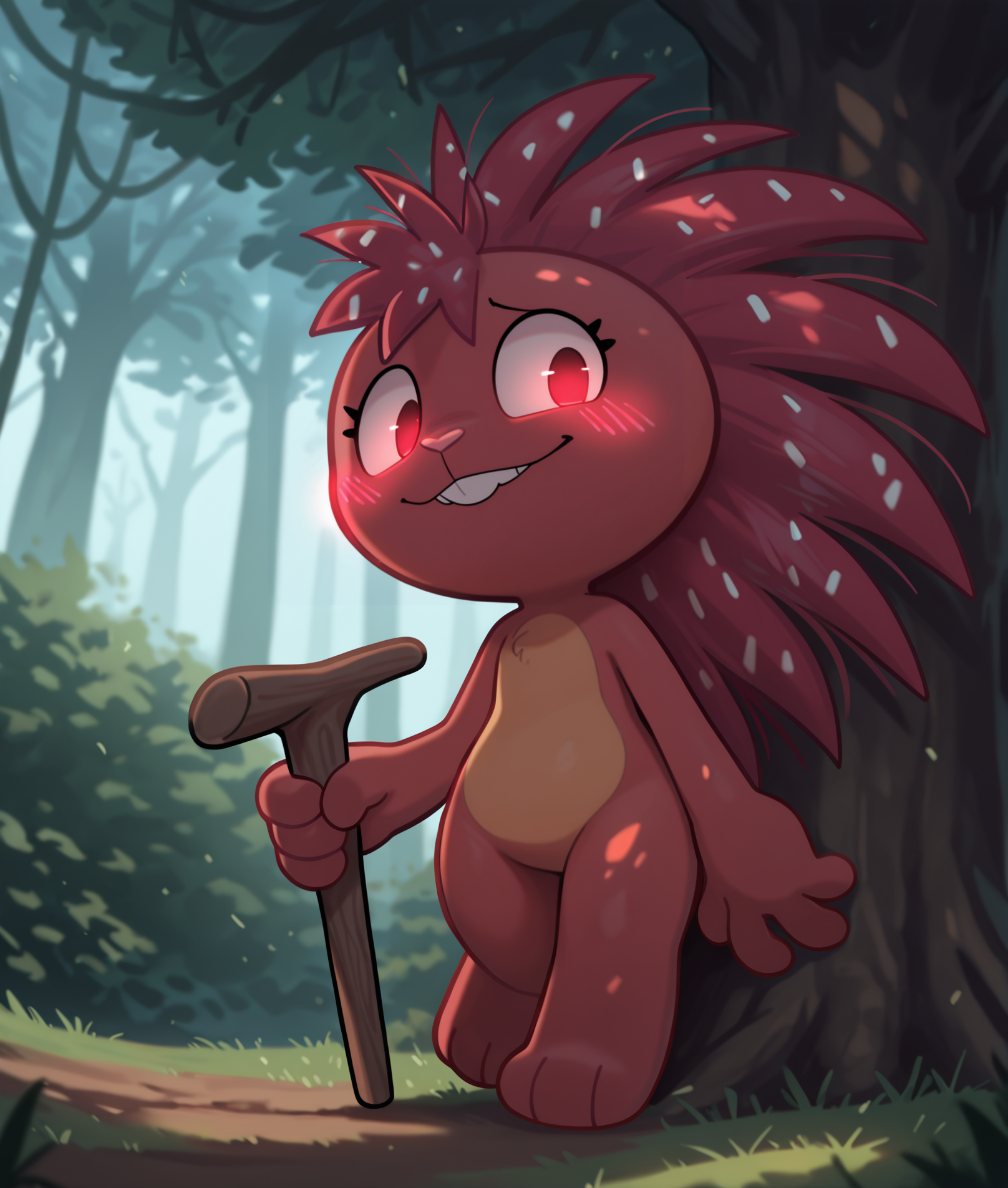 masterpiece, best quality, safe, (furry female:1.2), flaky \(htf\), solo, red fur, porcupine, spines, dandruff, grimace, forest path, leaning against tree, cinematic angle, calm, mischievous grin, one hand gripping a carved walking stick, dappled light, glowing blush, mysterious, inviting, by demicoeur, 4k, shading, <segment:yolo-Canine.pt,0.2,0.4//cid=1><segment:yolo-Face.pt,0.2,0.4//cid=2>