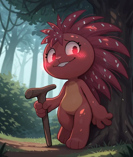masterpiece, best quality, safe, (furry female:1.2), flaky \(htf\), solo, red fur, porcupine, spines, dandruff, grimace, forest path, leaning against tree, cinematic angle, calm, mischievous grin, one hand gripping a carved walking stick, dappled light, glowing blush, mysterious, inviting, by demicoeur, 4k, shading, <segment:yolo-Canine.pt,0.2,0.4//cid=1><segment:yolo-Face.pt,0.2,0.4//cid=2>