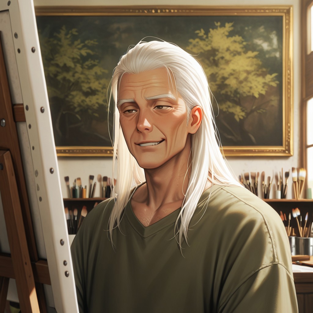 masterpiece, best quality, amazing quality, absurdres, newest, detailed background, definition so sharp, Ultra-HD, 8K cinematic, very awa, impressionate, amazing quality, highres, 
solo, male focus, manly, 
daikakukokujouji, lieutenant_white hair, lieutenant_brown eyes, 1boy, solo, old man, long hair, painting, focused expression, slight smirk,loose-fitting clothes, art studio, natural light, paintbrushes, canvas, satisfied, creative, absorbed, expressive, calm, joyful, cool hobby