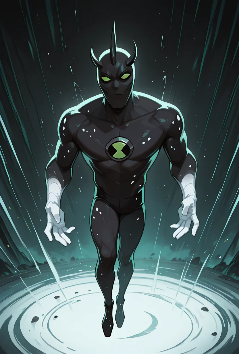 <lora:alienx-09:1> alienx, 1boy, green eyes, horns, matte black skin, full body, dynamic pose, white hands, wide face, white spots on body,     <lora:Kazuya_Guy-il:1> mikus-concept,  looking at viewer,, masterpiece, best quality, amazing quality, very aesthetic, absurdres, newest,