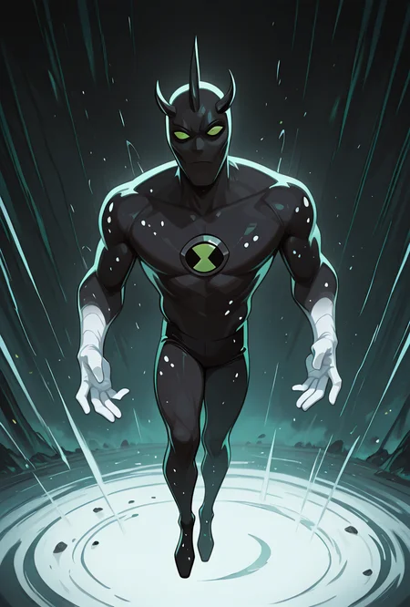 <lora:alienx-09:1> alienx, 1boy, green eyes, horns, matte black skin, full body, dynamic pose, white hands, wide face, white spots on body,     <lora:Kazuya_Guy-il:1> mikus-concept,  looking at viewer,, masterpiece, best quality, amazing quality, very aesthetic, absurdres, newest,