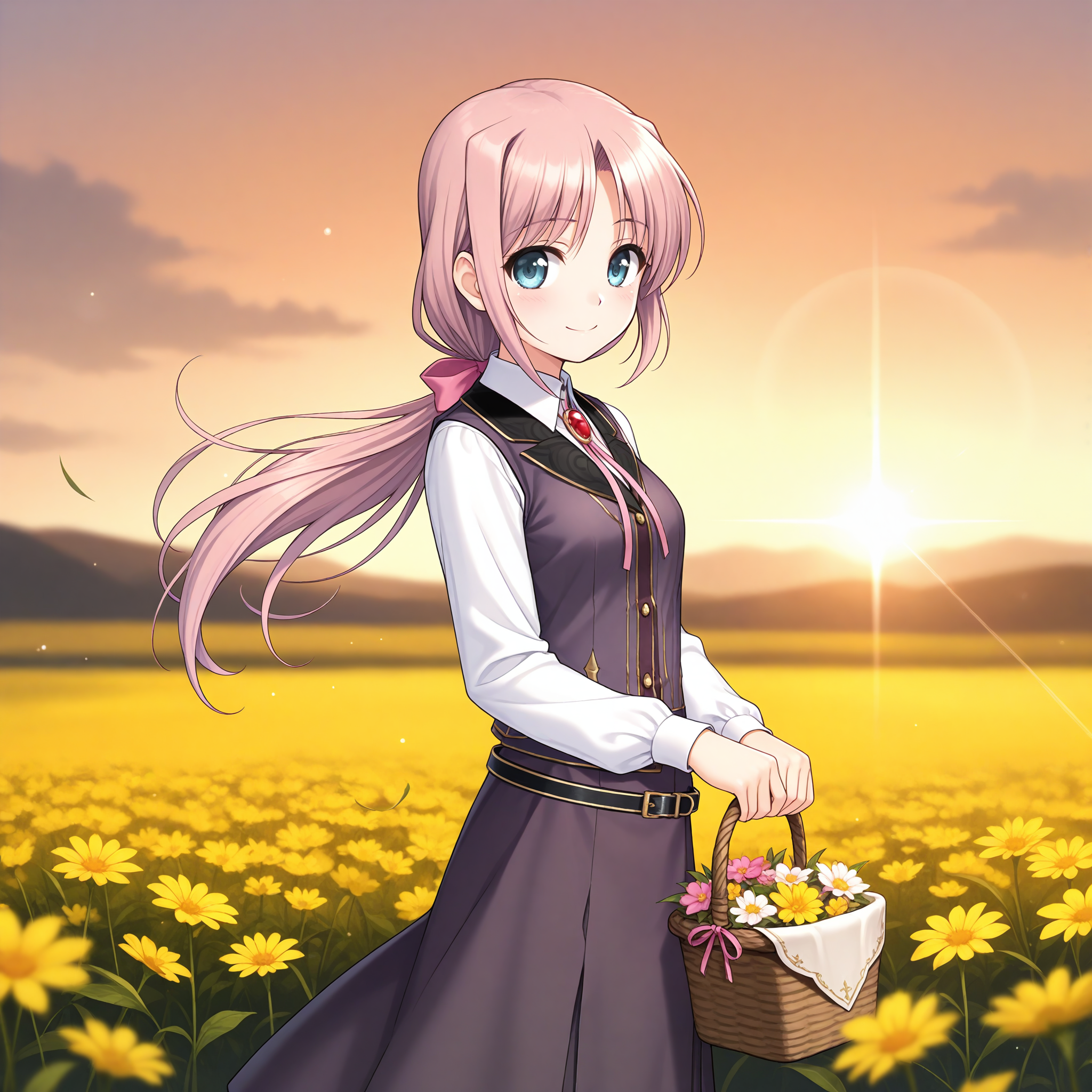 <lora:Lavria_1_nai-000022:1>,Lavria,ponytail,hair bow,pink bow,
long sleeves,jewelry,brooch,black belt,white shirt,collared shirt,neck ribbon,pink ribbon,red gemstone,purple vest,collared vest,sleeveless vest,long skirt,purple skirt,
BREAK
1girl,solo,smile,flower,flower basket,holding basket,looking at viewer,sunset,depth of field,lens_flare,golden hour lighting,flower field,from side,wind,floating hair,