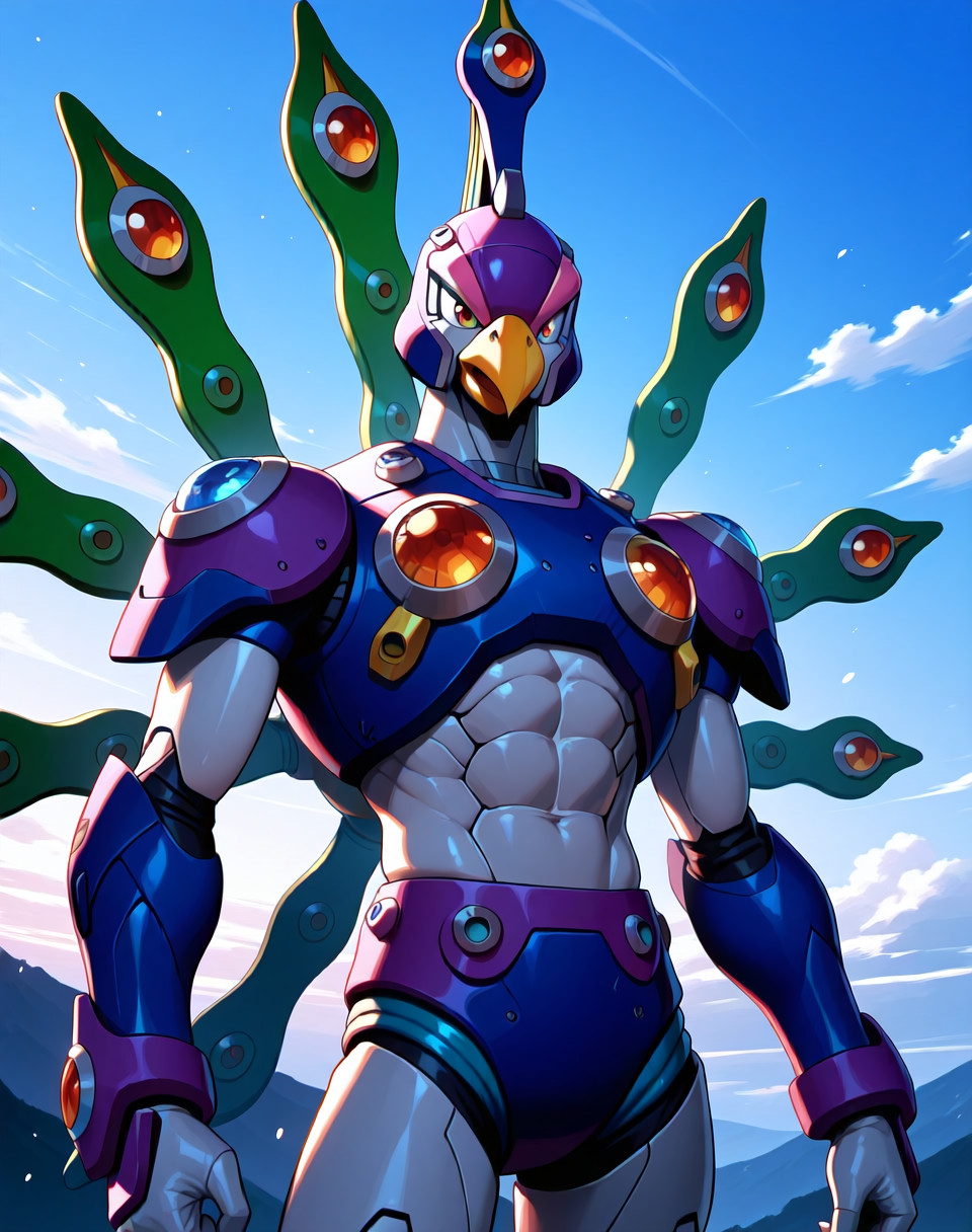 <lora:Cyber_Peacock_(Mega_Man_X)_(Illustrious)_(AD):1> Cyber Peacock, reploid, MMX, 
exterior, blue sky with clouds,
male focus, intense shadows, dynamic shadows, intricate details, attention to details, gradient coloring, bright vivid colors, robot, beak, abs, cowboy shot, 
BREAK very awe, masterpiece, best quality, amazing quality, very aesthetic, highres, absurdres, 
EZRealPONYXL, zPDXL, Smooth Quality, lazynsfw,