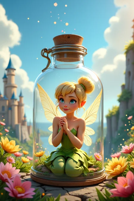 Animated Films of TinkerWaifu, She is inside a glass bottle, she is sitting looking tenderly, arms together in a cute way, solo focus, fairy wings, blue eyes, green dress, sexy, hair bun, a lot of flowers, castle, magic particles, pastel colors, perfect composition, dynamic shot, Animated Films, often for animated characters, creative visuals, or family-friendly entertainment, cowboy_shot