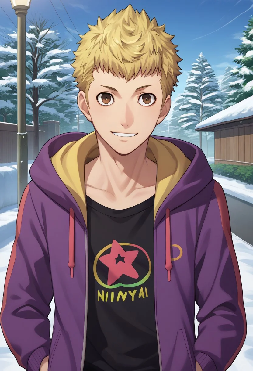score_9, score_7_up, source_anime
ryuji, 1boy, male focus solo, brown eyes, blonde hair, short hair, hoodie, purple hoodie, hood, open hoodie, open clothes, shirt, black shirt, smile,
outdoor, winter,