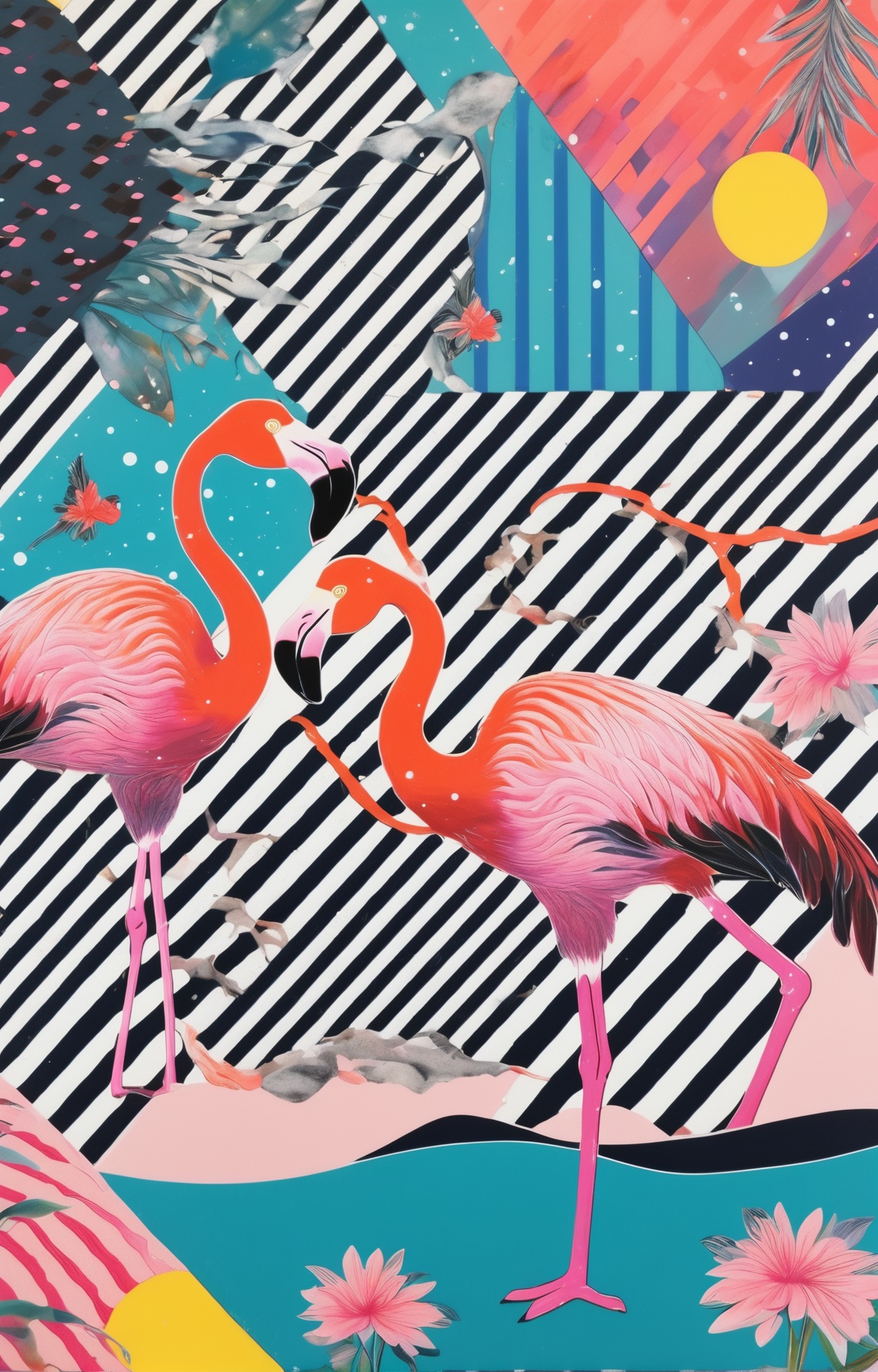 collage patterns vibrant colors, a flamingo on a lake, diagonal stripes , houndstooth , diagonal stripes, <lora:Tomat:.8> cosmic, check,