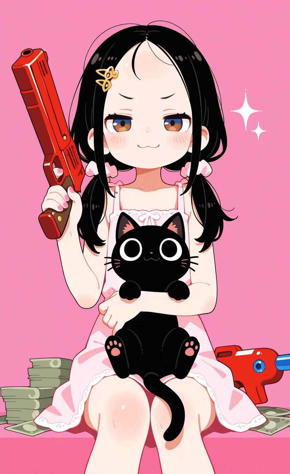 masterpiece,best quality,amazing quality, 1girl, solo, long hair, blue eyes, black hair, low twintails, forehead,black eyes, brown eyes, looking at viewer, blush, smile, closed mouth, sitting, :3,finger on trigger, banknote, smug, holding gun, holding money,
hair ornament, dress, sleeveless, nail polish, fingernails, sleeveless dress, scrunchie, pink dress, pink nails, pink background, sparkle, black cat, money, red toy gun, haiz_ai, no lineart,no outline, <lora:ponyv6_noobE11_2_adamW-000017:0.3> <lora:MeMaXL4:0.8> <lora:veluflora-wai:0.35> <lora:haiz_ai_illu:0.7>