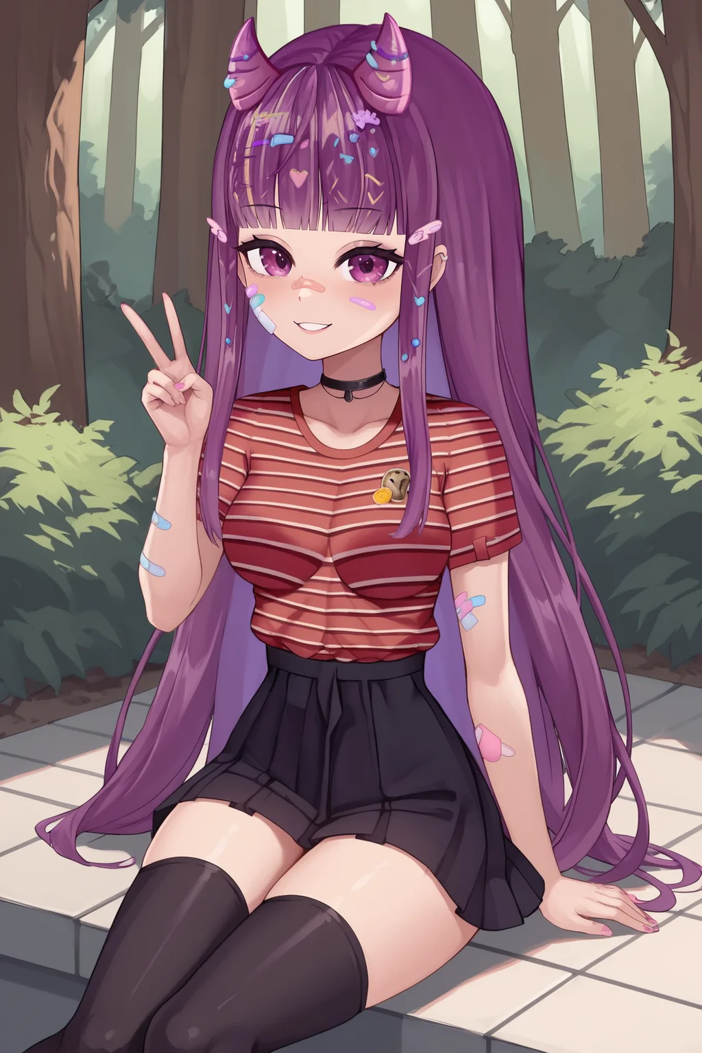 score_9, score_8_up, score_7_up, score_6_up, BREAK, KottyVTXL, bandaid on face, purple eyes, purple hair, long hair, blunt bangs, hair ornament, purple horns, black choker, medium breasts, striped shirt, red shirt, short sleeves, black skirt, black thighhighs, solo, sitting, peace sign, above view, looking at viewer, seductive smile, (forest) <lora:KottyVTXL:0.9>