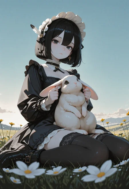 masterpiece, newest,absurdres,incredibly absurdres, best quality, amazing quality, very aesthetic,no lineart,no outline, 1girl, black hair, bob cut, hair between eyes, feather hair ornament, frilled hair band, detached collard, lace trim, solid black eyes, looking at viewer, expressionless, pale skin, goth fashion, frilled black dress, square neckline, black thighhighs, zettai ryouiki, ankle boots, wariza, grabbing another's ears, ear fondling, animal, animal focus, rabbit, sitting on lap, outdoors, meadow, weed, lush nature, blooming flowers, clear sky,backlight, straight on, from below, blurry foreground, depth of field, painterly, scenery, 1990s (style), usnr