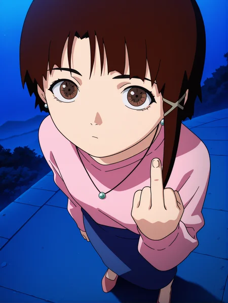masterpiece, best quality, amazing quality, absurdres, newest, dynamic_angle, defined facial features, anime coloring, anime screencap,
<lora:Lain_IL1.1v0:1> iwakura lain \(sel\), looking at viewer, necklace, pink shirt, blue skirt, earrings, middle finger, long sleeves, full body, cute pose, outdoors, night sky,