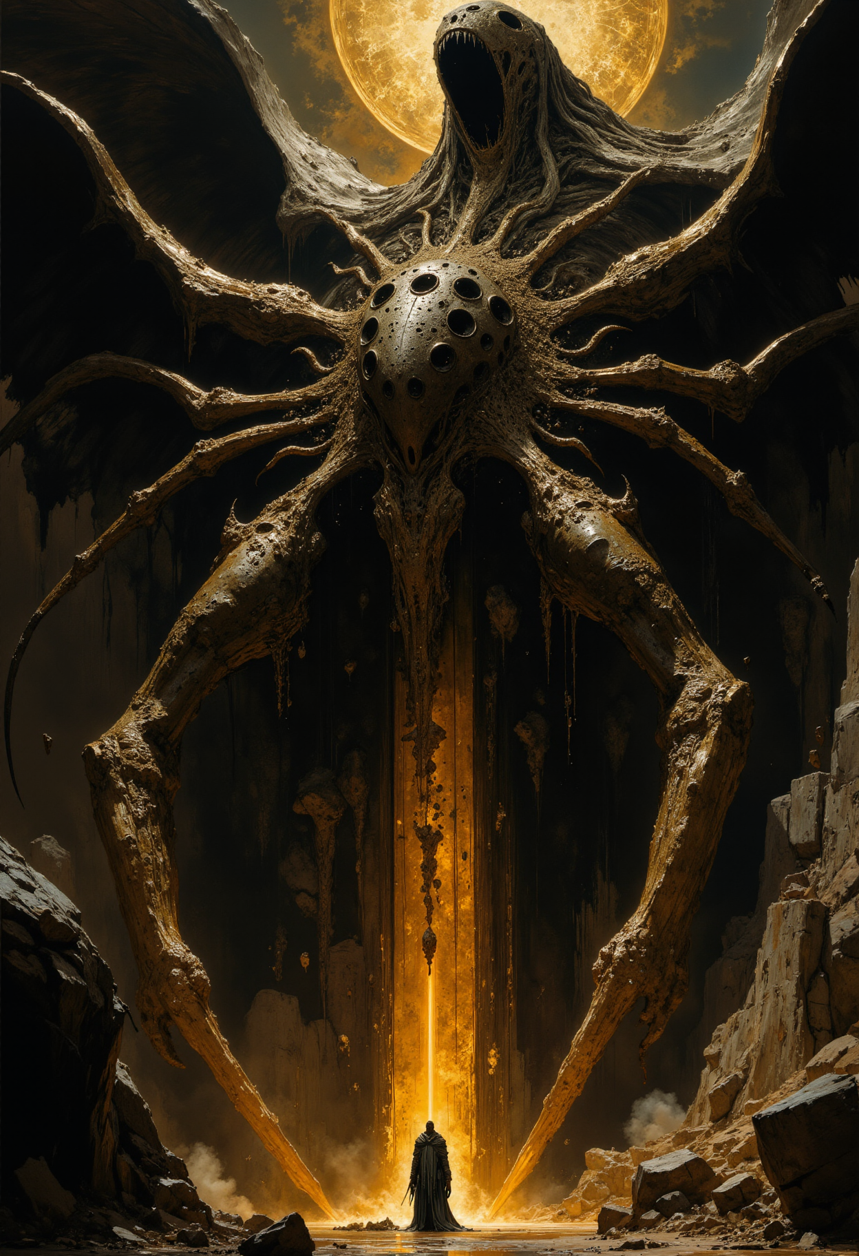 concept art concept art a classical baroque painting of a cinematic ending to a bloodborne boss, dark fantasy, ancient era, a man emerging from an eldritch flesh portal, alien human spider angel hybrid, prophecy being fulfilled, magalophobia, feeling of insignificants, zoomed all the way out, dutch angle, extreme image angle, extreme violence, horrific in appearance, highly detailed, extremely detailed painting, extreme trypophobia . digital artwork, illustrative, painterly, matte painting, highly detailed, religious connotations, blind-folded, incomprehensible, human body melded together in a gruesome manner, broken angel wings, body horror, zoomed out to see an unholy cathedral, . digital artwork, illustrative, painterly, matte painting, highly detailed.




<lora:artisketchyfs-v02:0.5>  <lora:flux.1_lora_flyway_Epic-Characters_v1:0.6>  <lora:Elden_Ring_-_Yoshitaka_Amano:0.6>