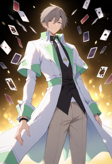 <lora:Takuma_Seiya>,seiya kibakura,1boy,male focus,solo,card,coat,smile,floating card,standing,black shirt,pants,white-green layered sleeves coat,looking at viewer,white-yellow-green necktie,grey pants,masterpiece,high score,great score,absurdres,