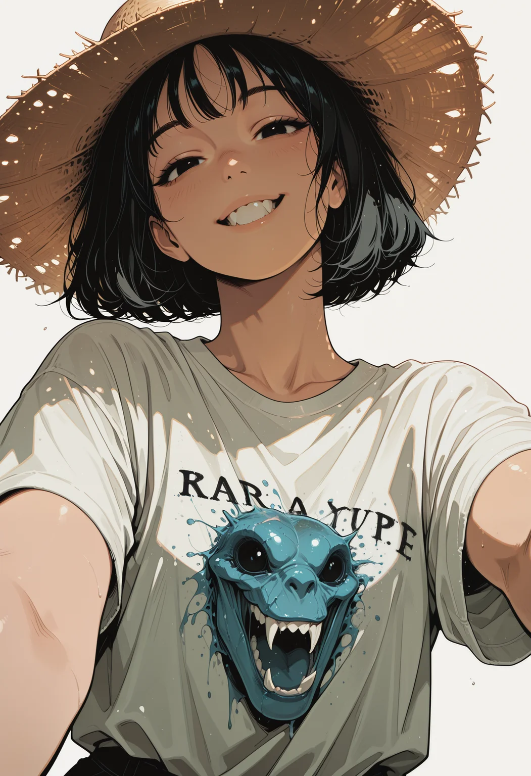 embedding:IllusP0s, codex sss chroma
1girl, solo, upper_body, looking_at_viewer, selfie, straw_hat, t-shirt, graphic_tee, short_hair, black_hair, smiling, baring_teeth, monster_on_shirt, white_t-shirt